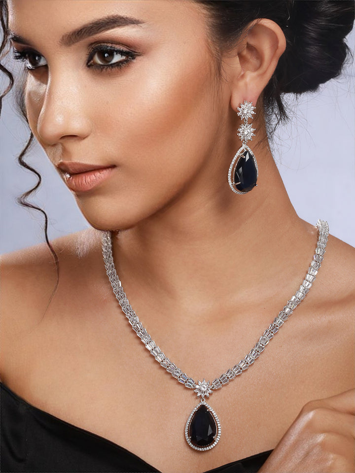 Priyaasi Blue Baguette Teardrops American Diamond Silver-Plated Jewellery Set