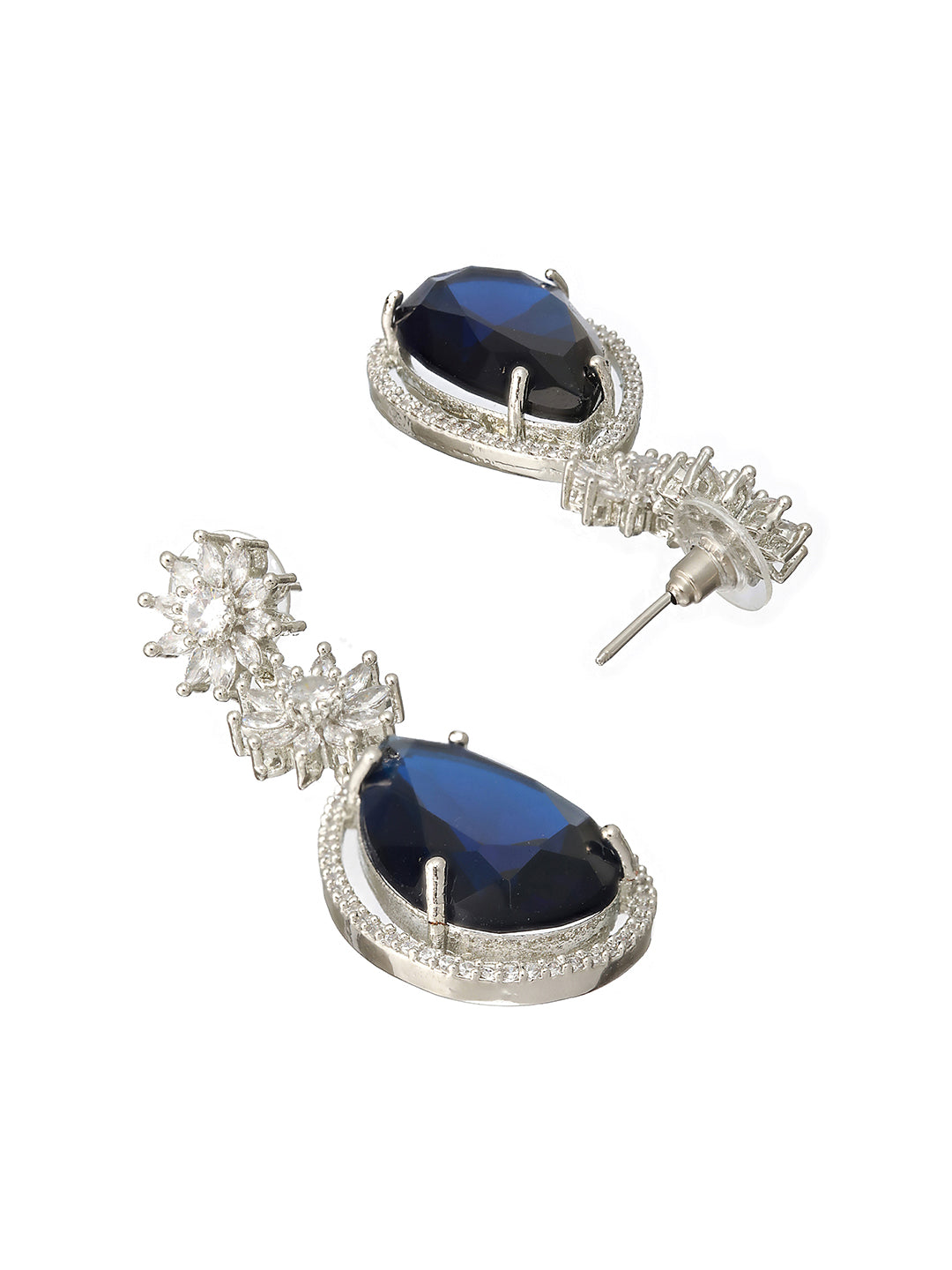 Priyaasi Blue Baguette Teardrops American Diamond Silver-Plated Jewellery Set