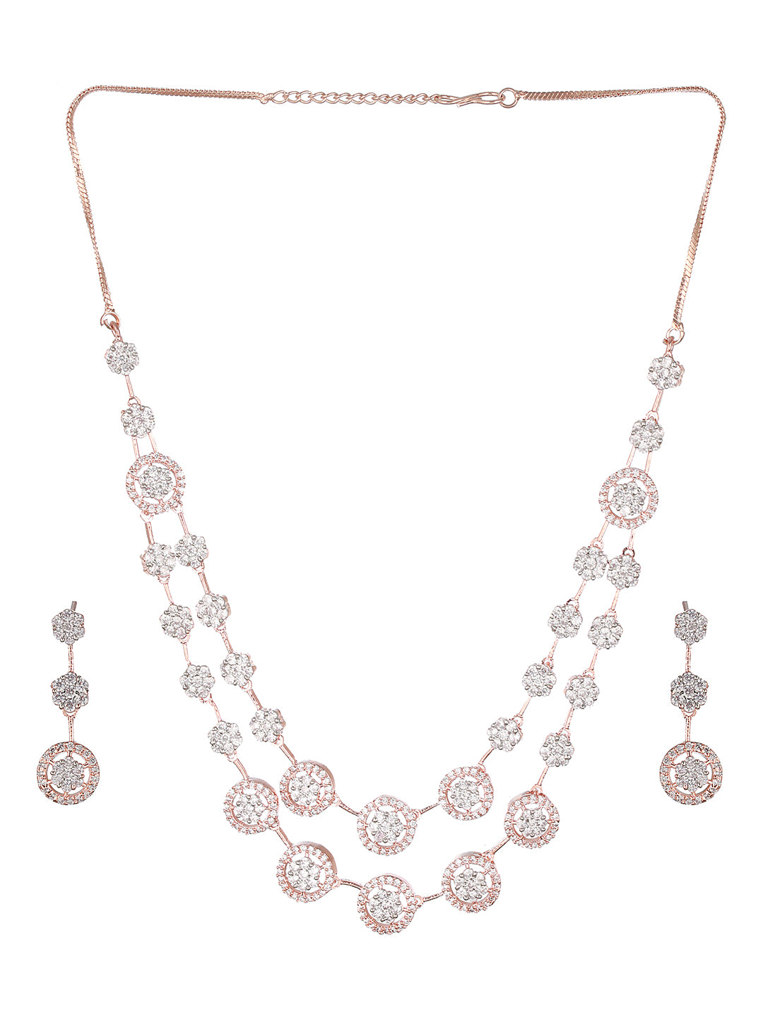 Priyaasi Dual-Layer Floral American Diamond Rose Gold-Plated Jewellery Set