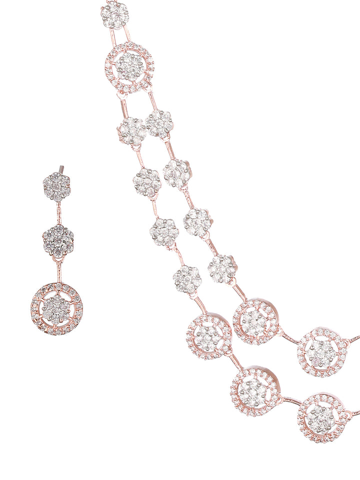 Priyaasi Dual-Layer Floral American Diamond Rose Gold-Plated Jewellery Set