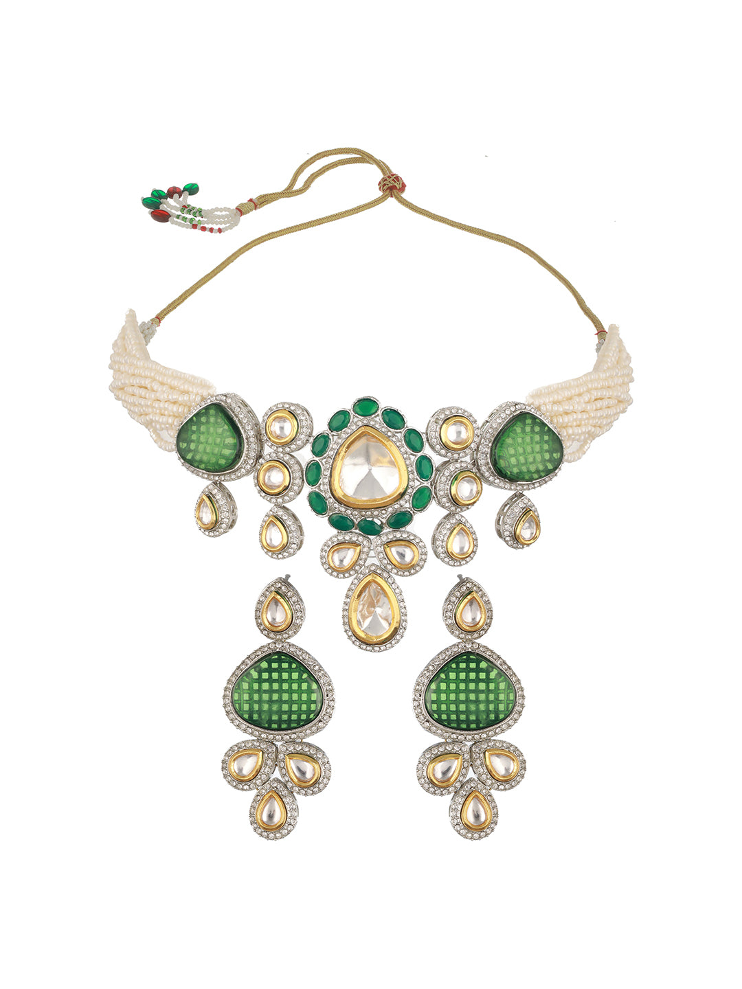 Priyaasi Green White Studded Polki Kundan Choker Jewellery Set
