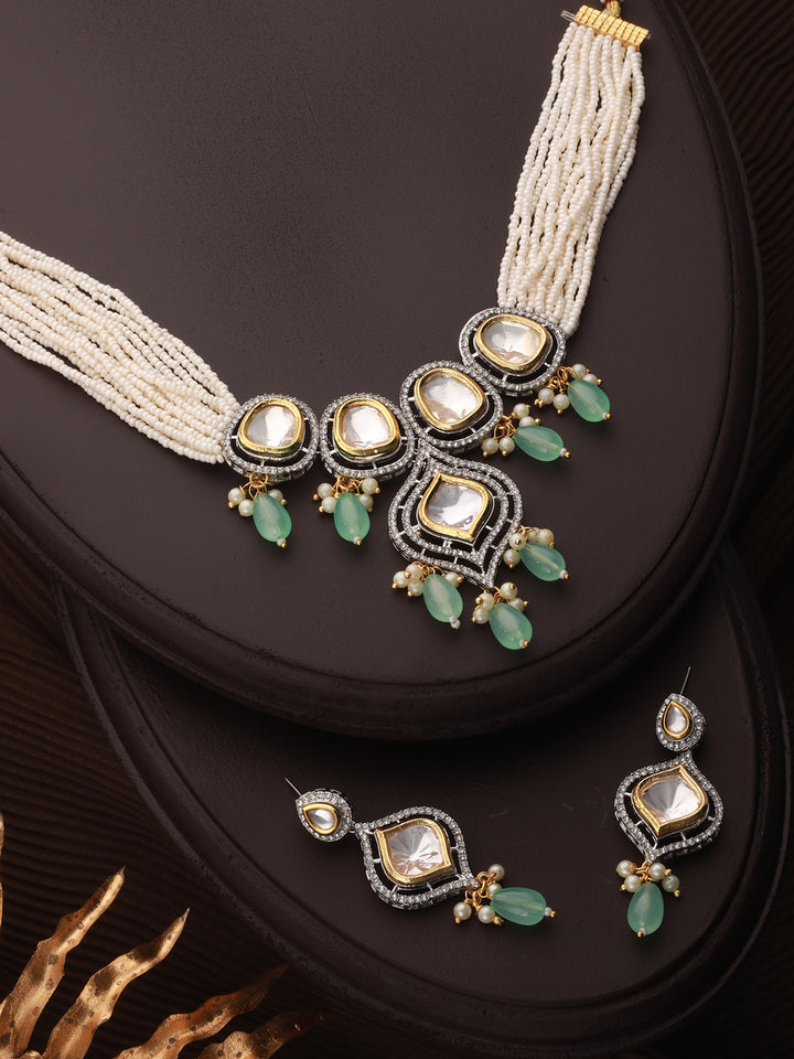 Priyaasi Mint Green Polki Kundan Beaded Gold-Plated Choker Jewellery Set