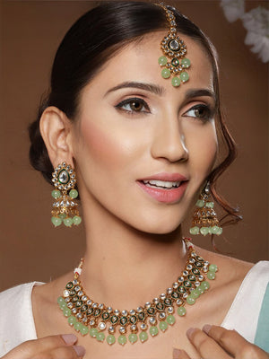Priyaasi Mint Green Kundan Leaf Gold-Plated Jewellery Set with Maang Tikka