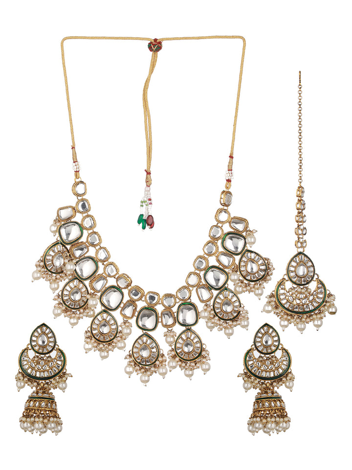 Priyaasi Ethnic Kundan Beaded Gold-Plated Jewellery Set with Maang Tikka