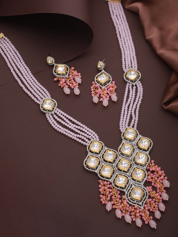 Priyaasi Pink Beaded Polki Kundan Gold-Plated Jewellery Set