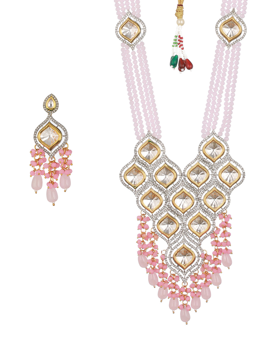 Priyaasi Pink Beaded Polki Kundan Gold-Plated Jewellery Set
