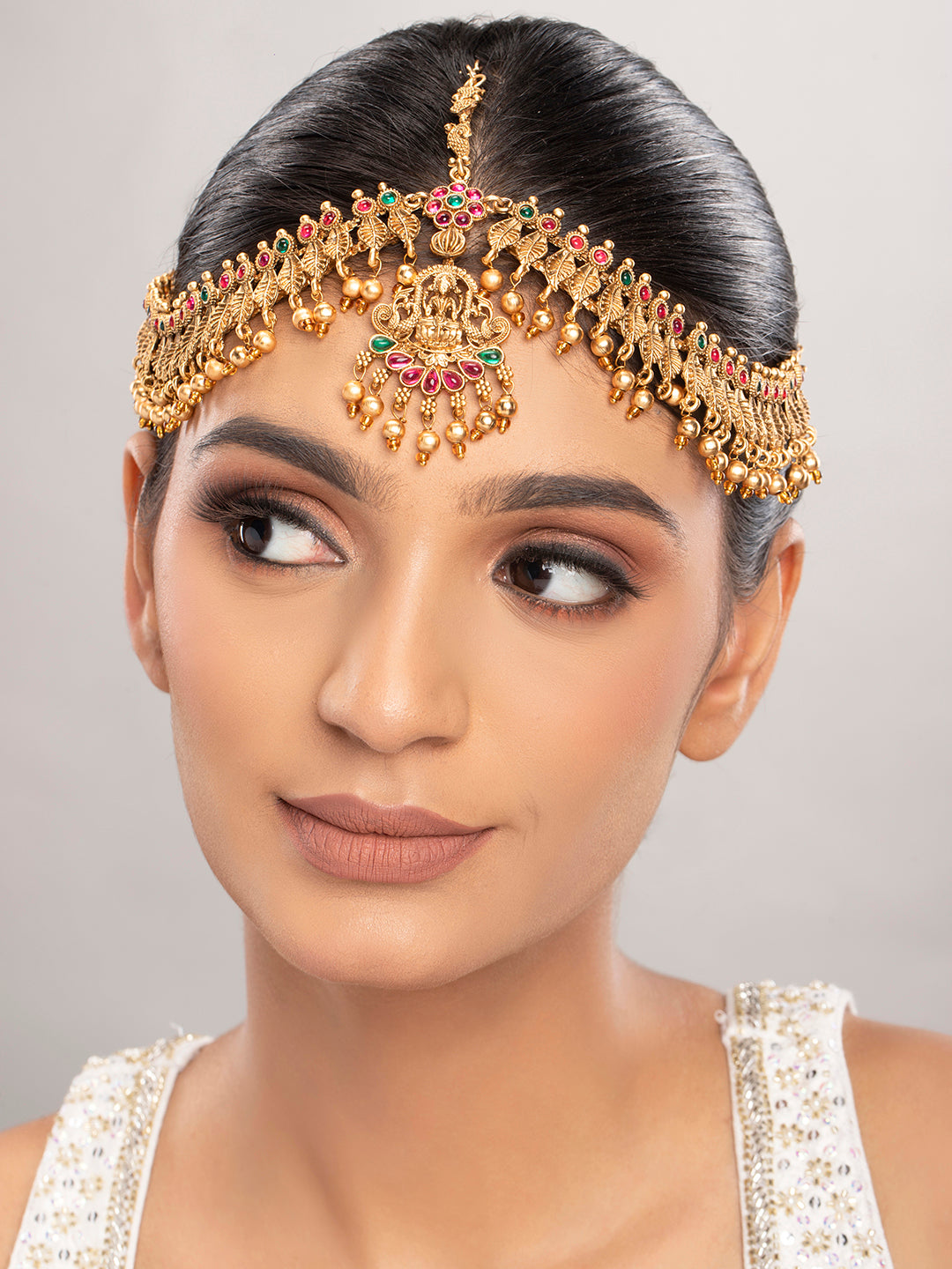 Priyaasi Goddess Laxmi Gold Plated Real Kemp Stones Mathapatti