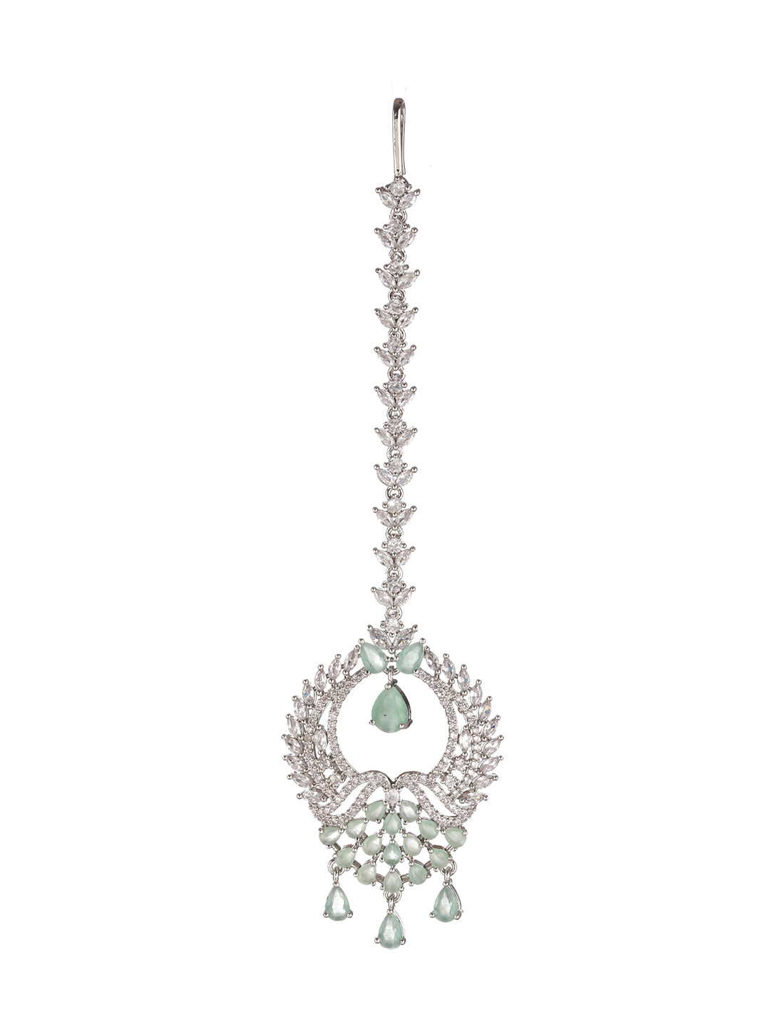 Mint Green Leaf Design American Diamond Silver-Plated Maangtikka