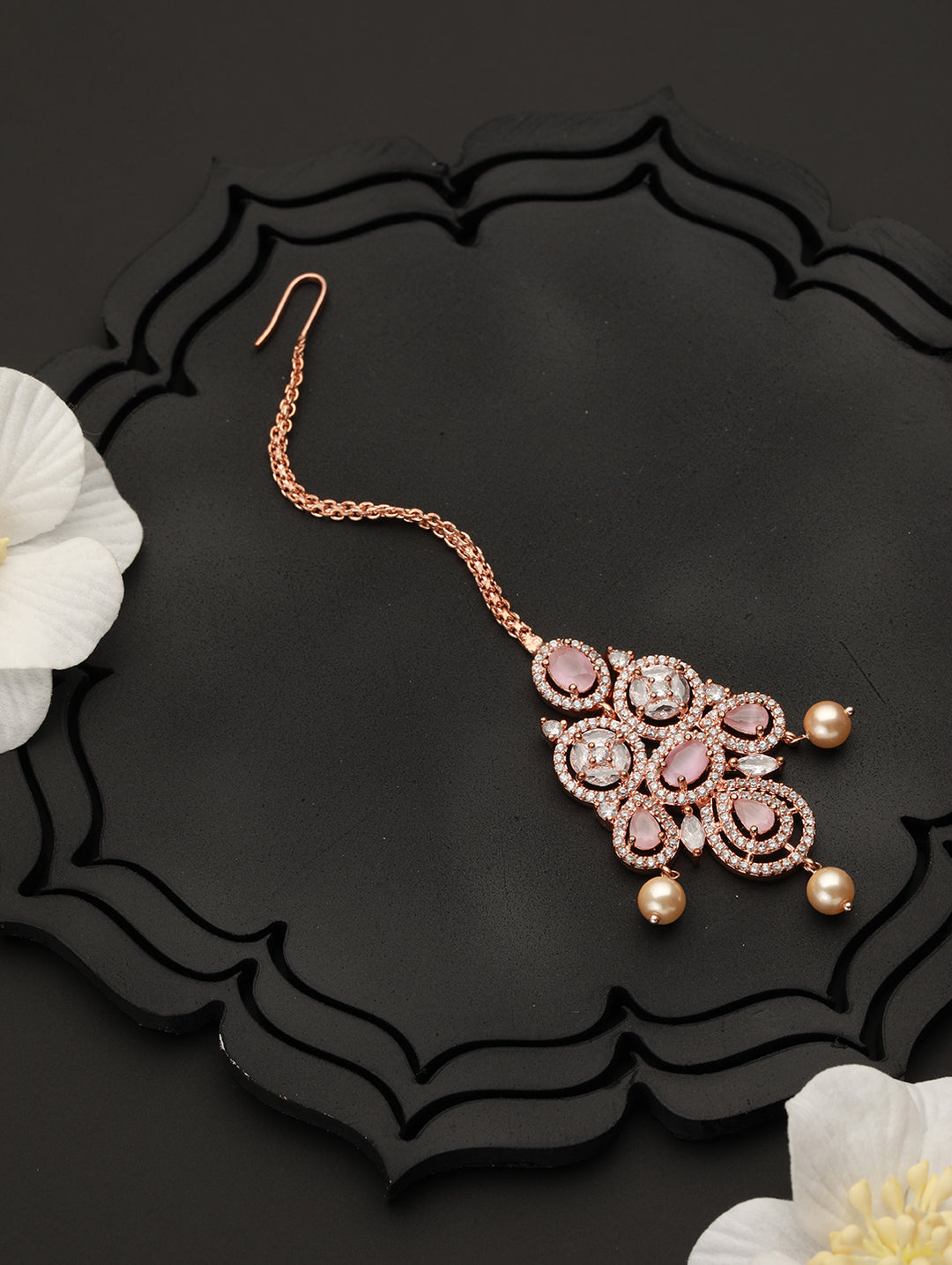Pink Floral Design American Diamond Rose Gold-Plated Maangtikka