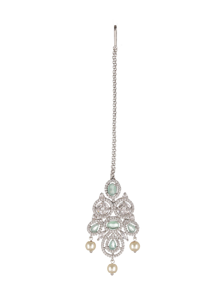 Mint Green Floral Design American Diamond Silver-Plated Maangtikka