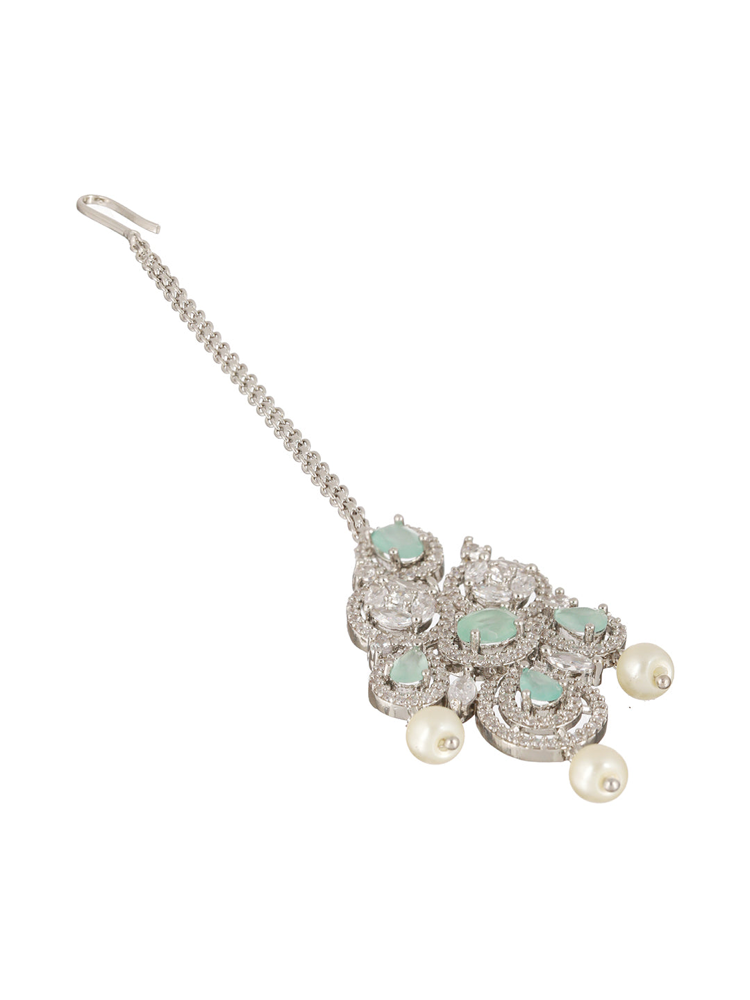 Mint Green Floral Design American Diamond Silver-Plated Maangtikka