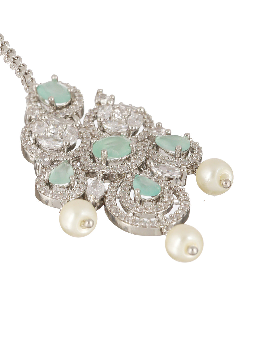 Mint Green Floral Design American Diamond Silver-Plated Maangtikka