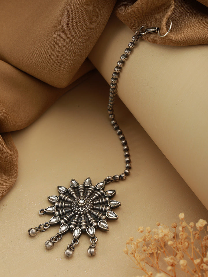 Priyaasi Studded Flower Bell Drop Beaded Oxidised Silver Maangtikka