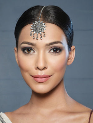 Priyaasi Studded Flower Bell Drop Beaded Oxidised Silver Maangtikka