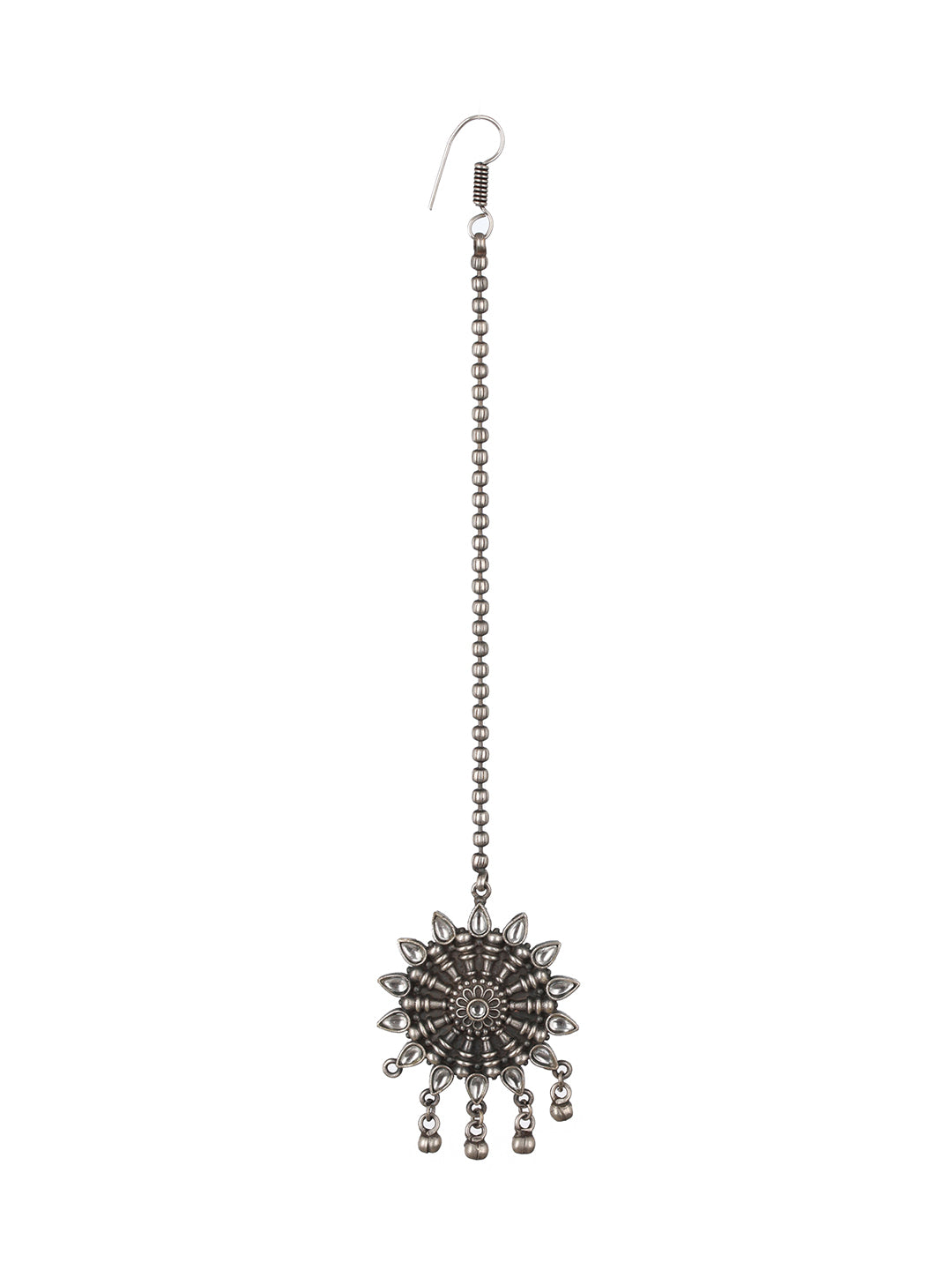 Priyaasi Studded Flower Bell Drop Beaded Oxidised Silver Maangtikka