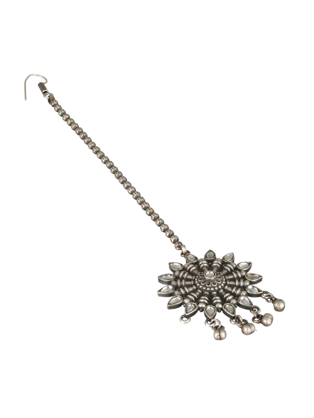 Priyaasi Studded Flower Bell Drop Beaded Oxidised Silver Maangtikka