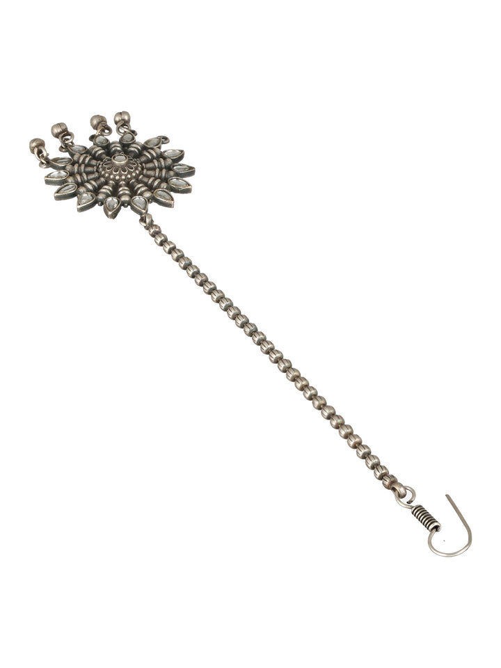 Priyaasi Studded Flower Bell Drop Beaded Oxidised Silver Maangtikka