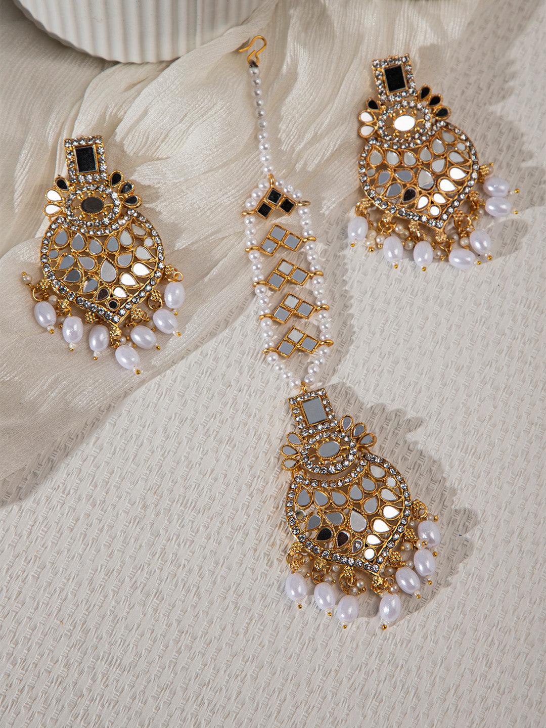 Priyaasi Gold Plated Mirror Studded Gold Plated Maangtika & Earring Set