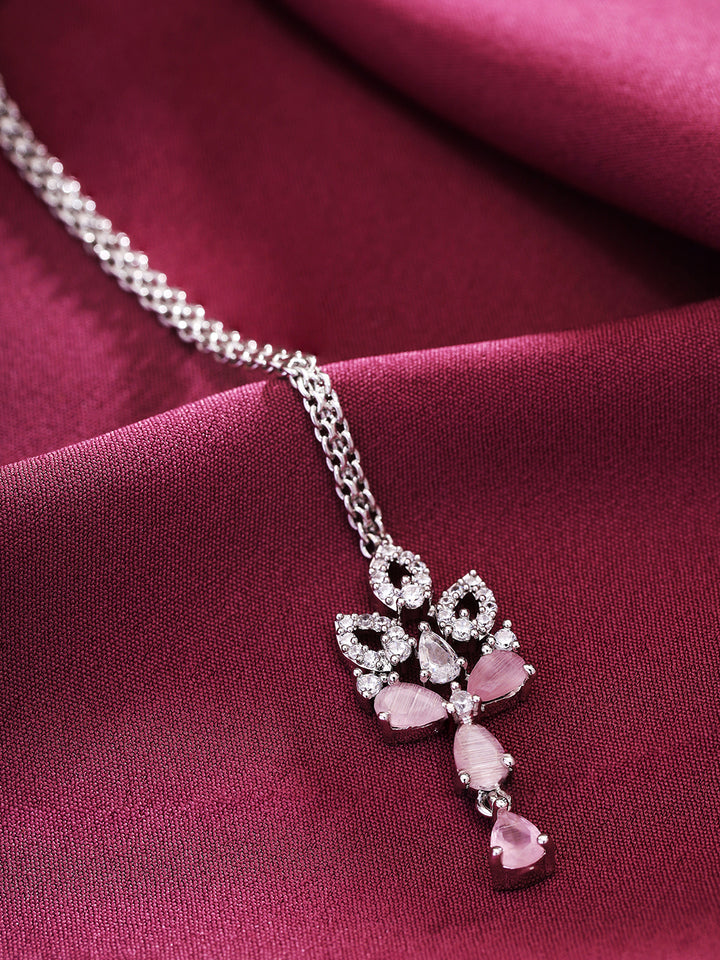 Priyaasi American Diamond Maangtika with Silver plated and Pink Stones