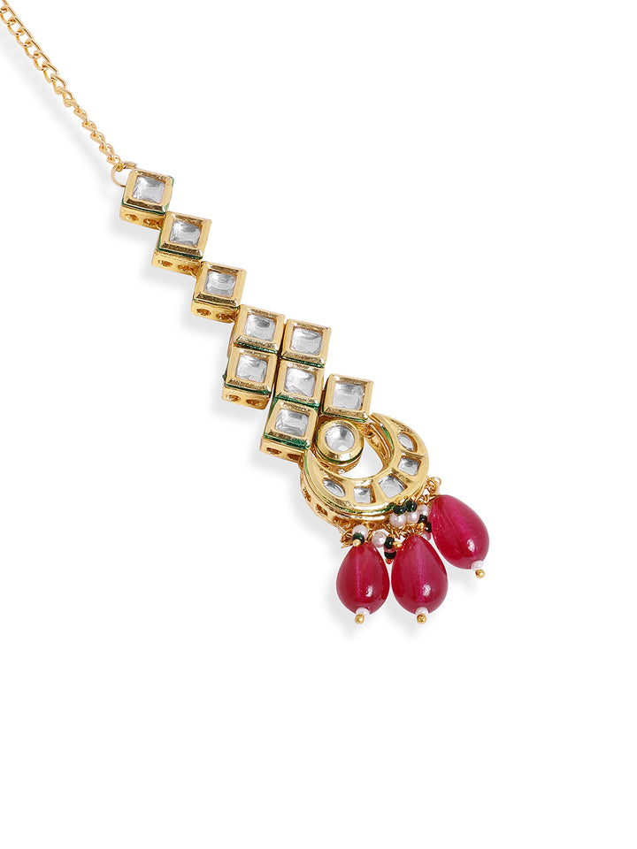 Priyaasi Mini chandbali red beads Kundan Geometric shape gold plated maangtika