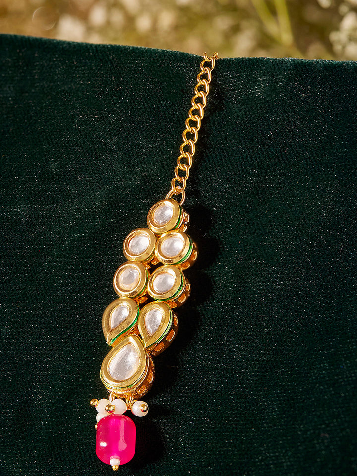 Priyaasi Drop Design Pink Bead Gold Plated Kundan Maangtika