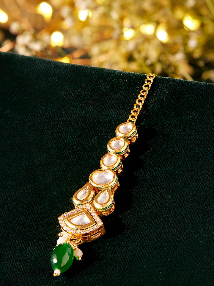 Priyaasi Green Bead Geometric Design Gold Plated Maangtika