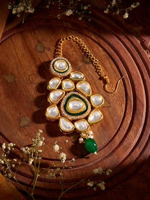 Priyaasi Green Geometric Design Green Bead Kundan Gold Plated Maangtika