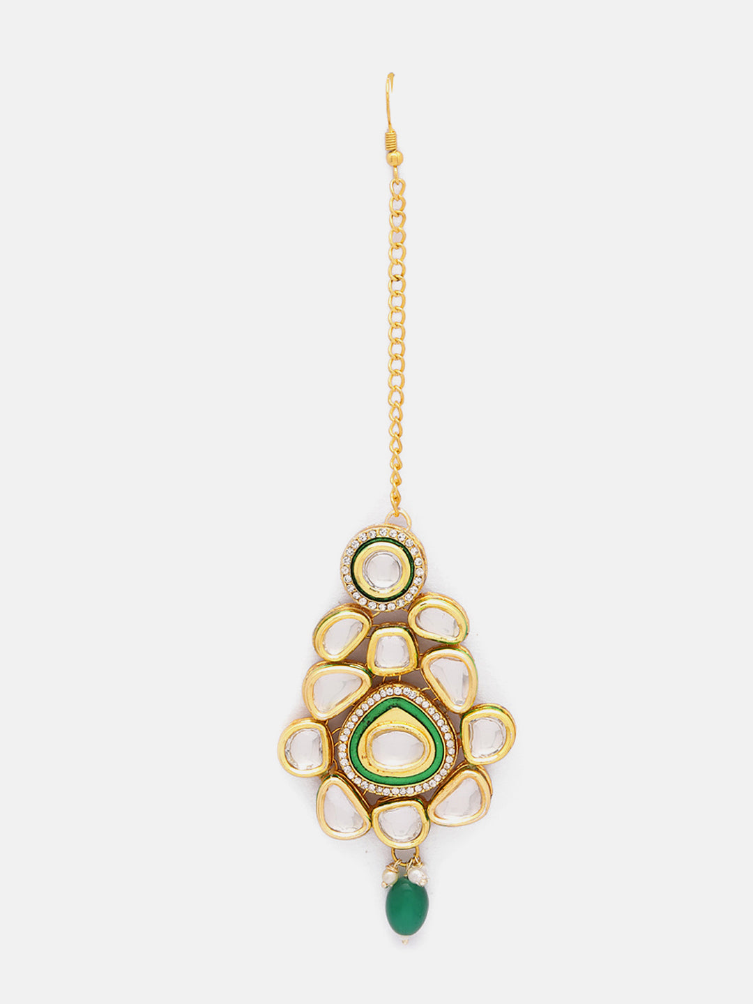 Priyaasi Green Geometric Design Green Bead Kundan Gold Plated Maangtika