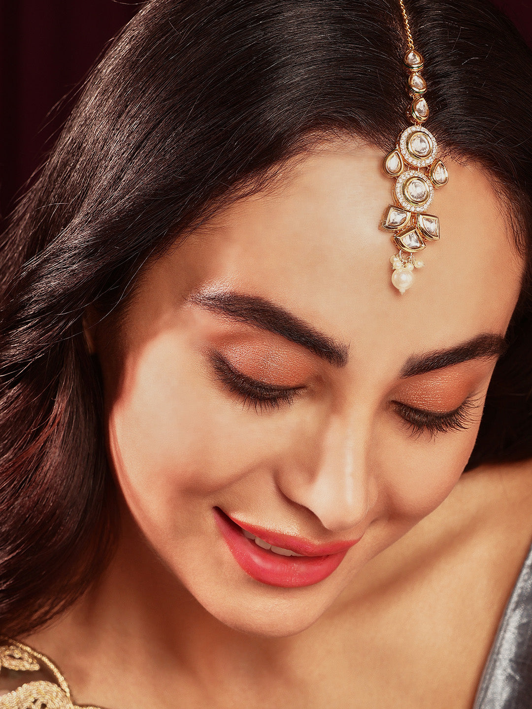 Priyaasi Gold Plated Glamour Kundan Pearl Geometric Design Maangtika
