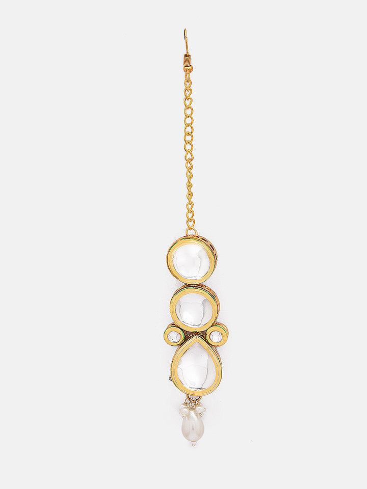 Priyaasi Plain Geometric Pattern Mini Pearl Gold Plated Kundan Maangtika