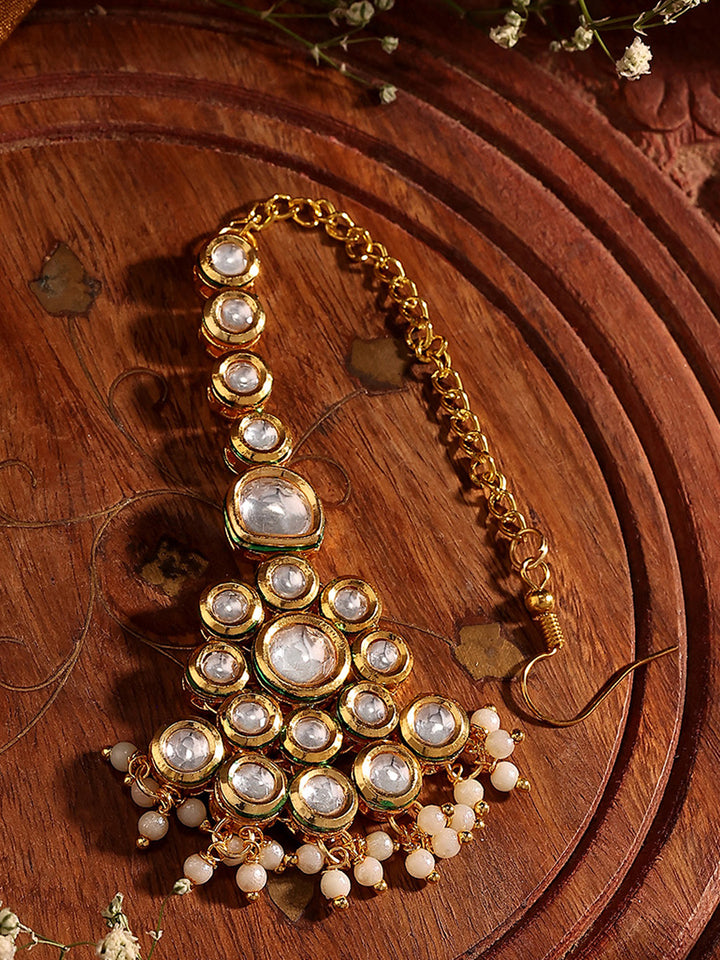 Priyaasi Floral Design Kundan Mini Pearl Pattern Gold Plated Maangtika