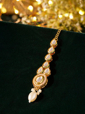 Priyaasi Kundan Geometric Pattern Gold Plated Pearl Maangtika