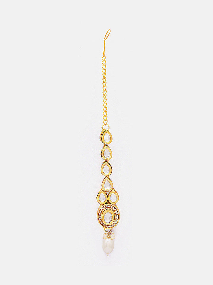 Priyaasi Kundan Geometric Pattern Gold Plated Pearl Maangtika