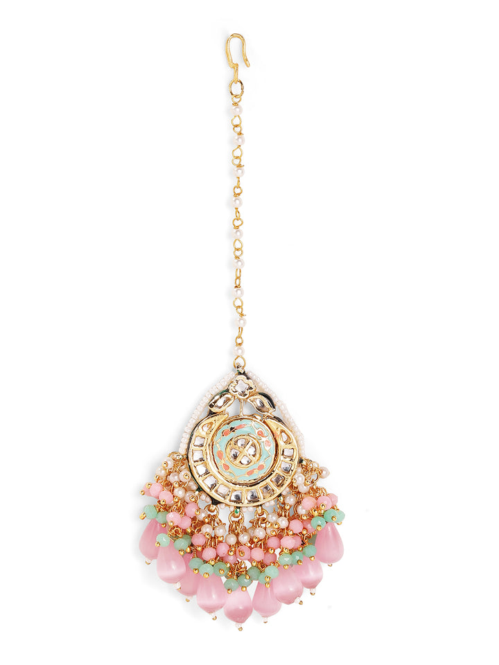 Meenakari Drop Shape Pink Stoned Beads Gold Plated with Pearl Chain Maangtika