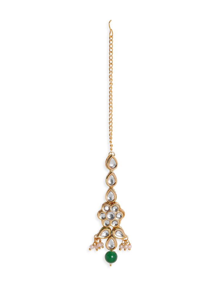 Priyaasi Mini Flower Shape kundan Gold Plated Green bead Maangtika