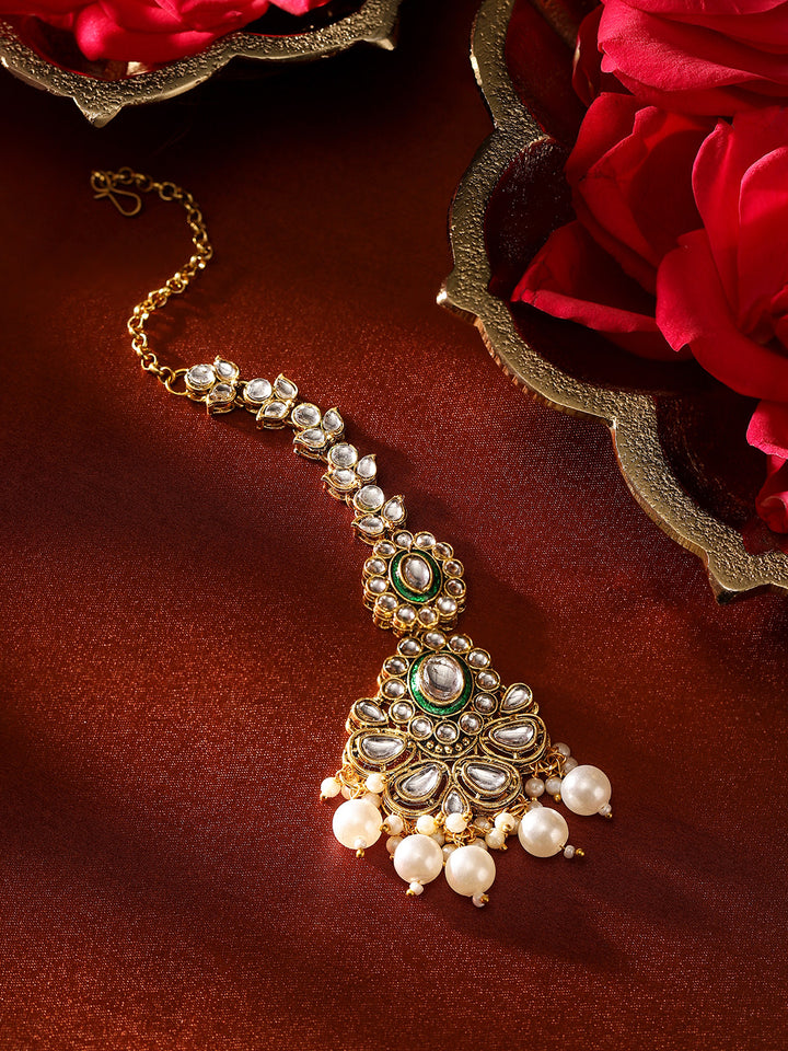 Kundan Floral Pattern Pearl Beads Gold Plated Green Style Maangtika