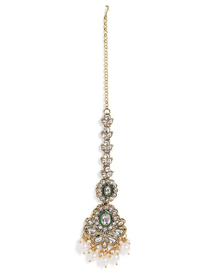 Kundan Floral Pattern Pearl Beads Gold Plated Green Style Maangtika