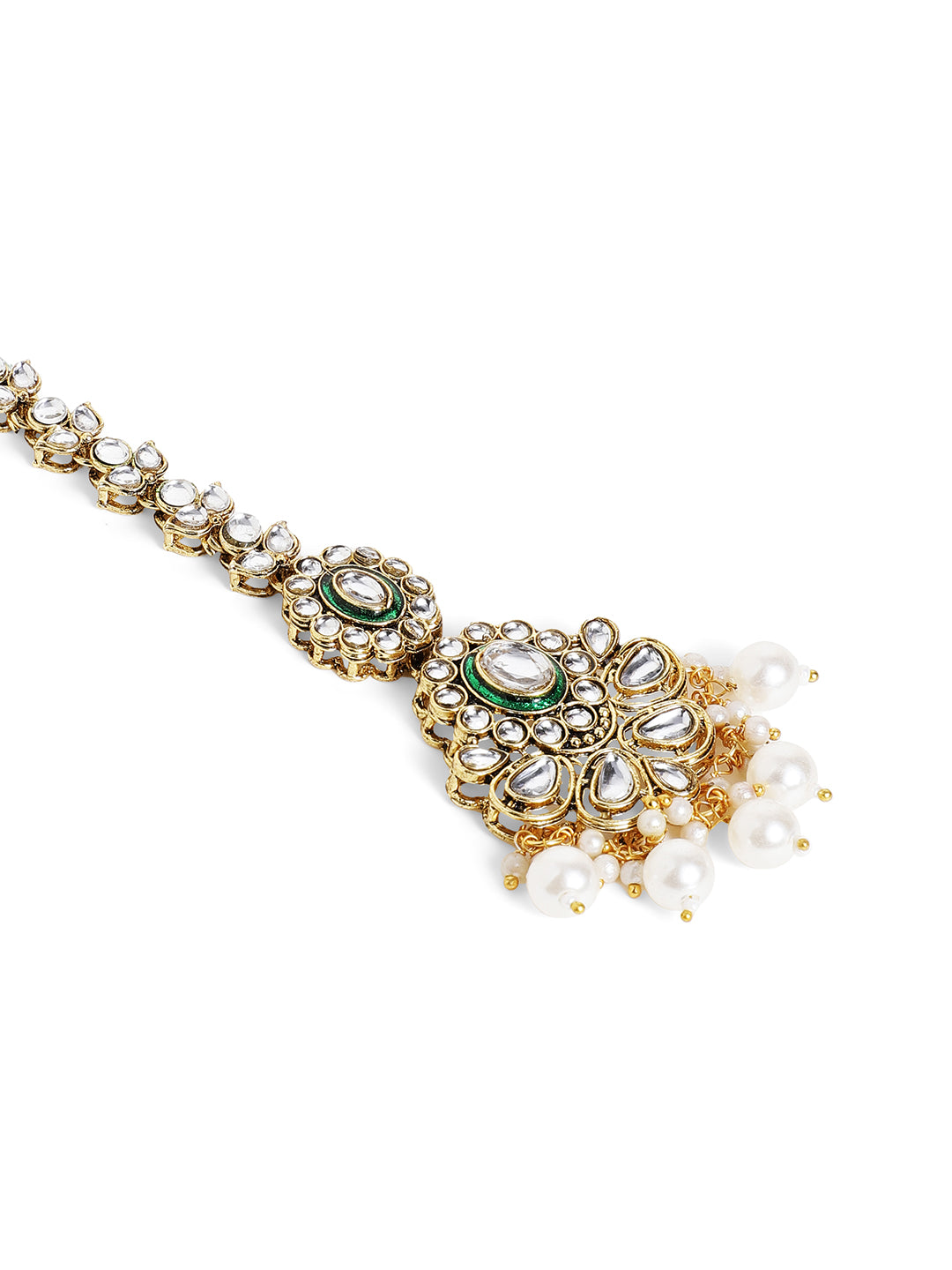 Kundan Floral Pattern Pearl Beads Gold Plated Green Style Maangtika