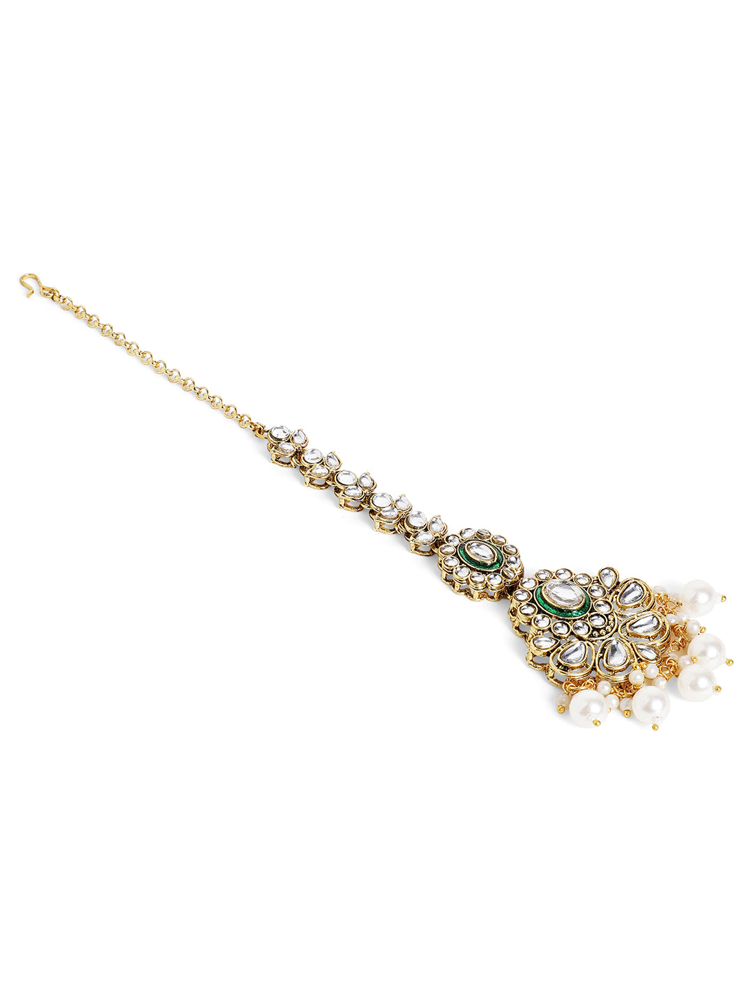 Kundan Floral Pattern Pearl Beads Gold Plated Green Style Maangtika