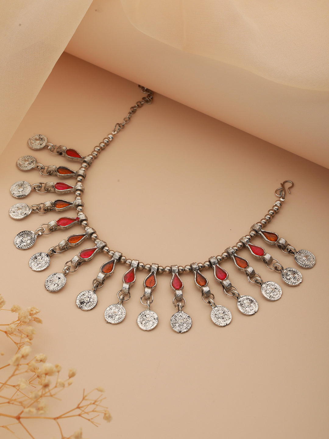 Priyaasi Studded Pink Shade Leaves Coin Drop Oxidised Silver Necklace
