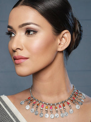 Priyaasi Studded Pink Shade Leaves Coin Drop Oxidised Silver Necklace