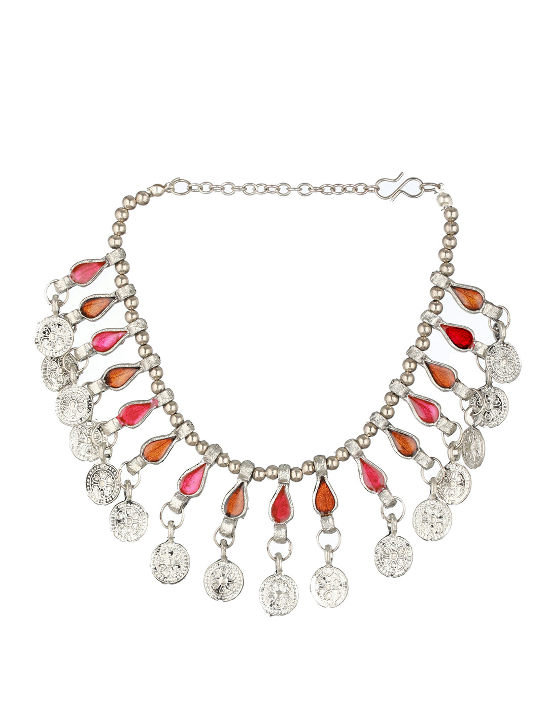 Priyaasi Studded Pink Shade Leaves Coin Drop Oxidised Silver Necklace