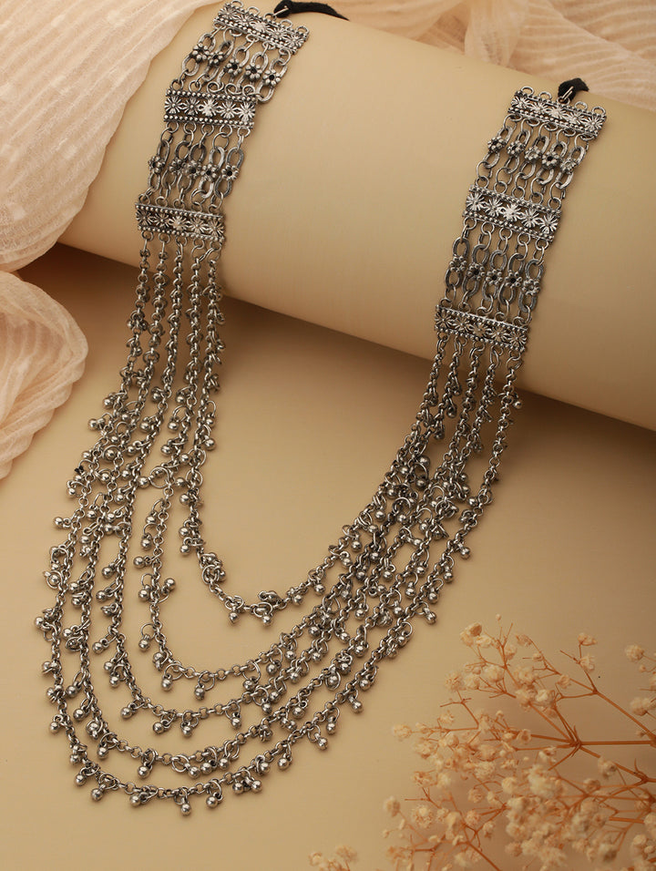 Multilayer Floral Ghunghroo Beads Oxidised Silver Necklace