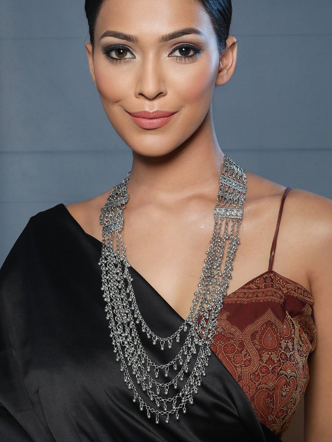 Multilayer Floral Ghunghroo Beads Oxidised Silver Necklace