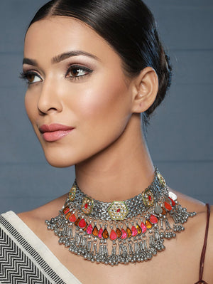 Multicolor Studded Kundan Ghunghroo Oxidised Silver Choker Necklace