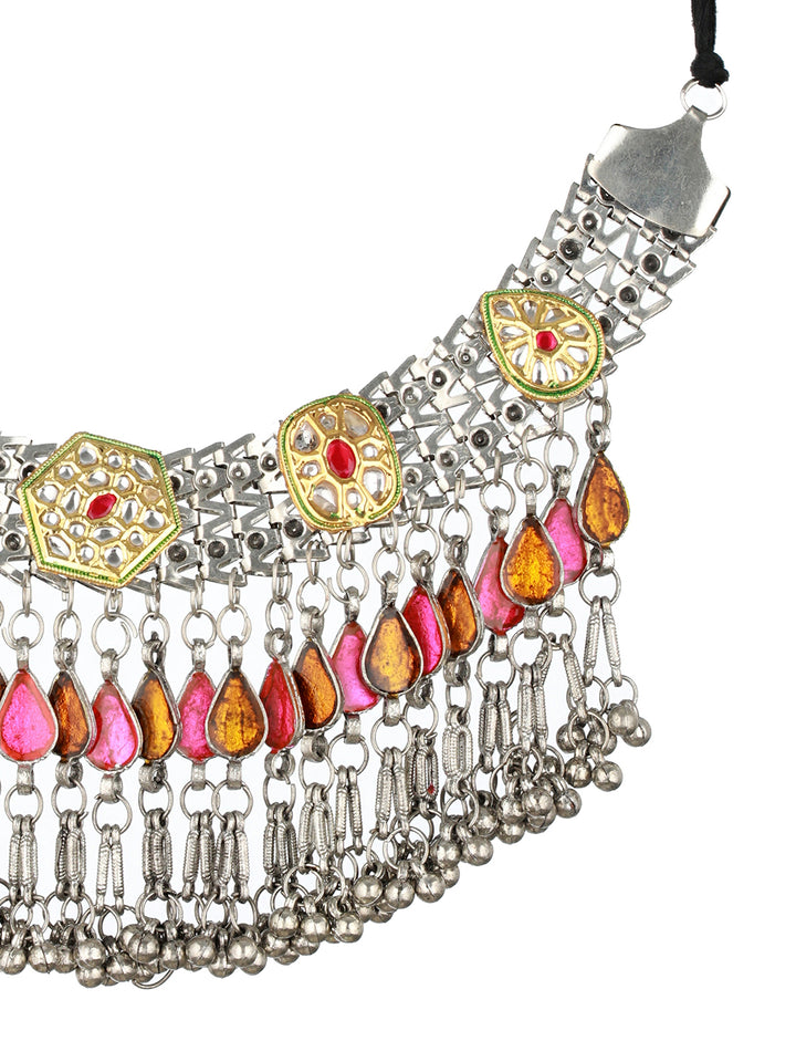 Multicolor Studded Kundan Ghunghroo Oxidised Silver Choker Necklace