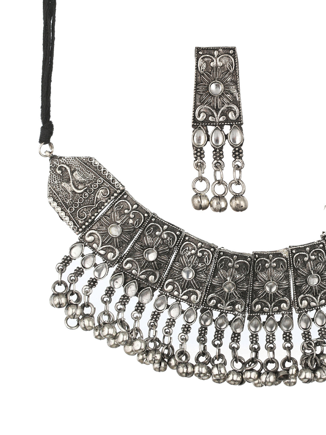 Studded Floral Bell Drop Oxidised Silver Choker Jewellery Set