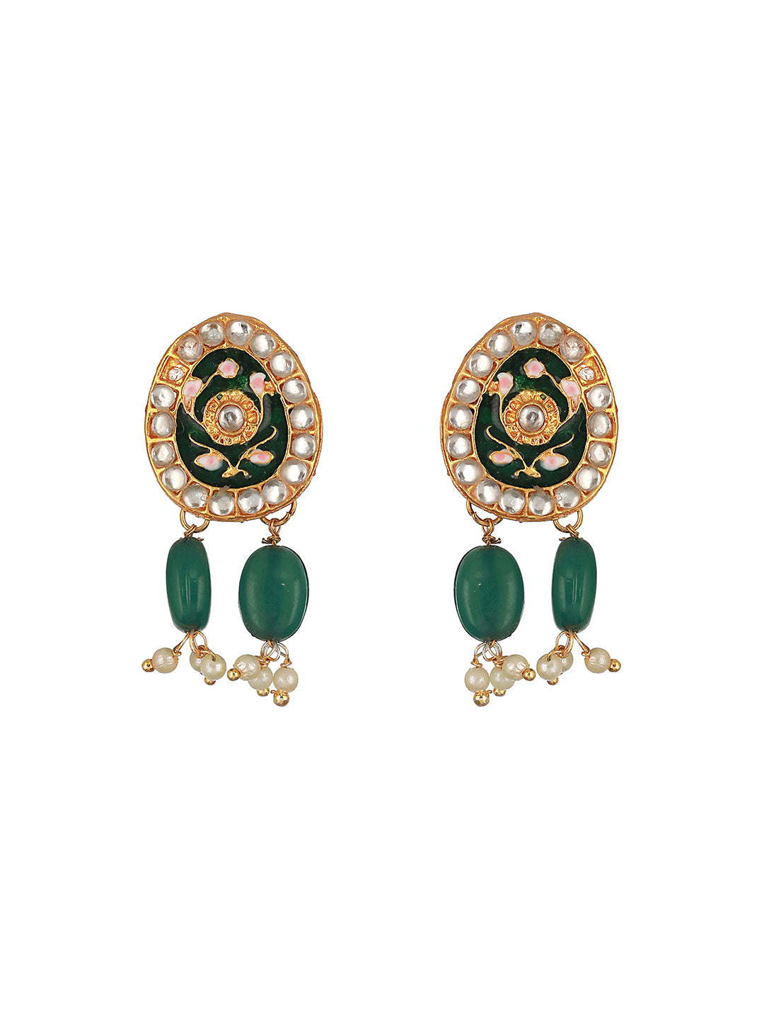 Green Studded Floral Meenakari Beaded Gold-Plated Jewellery Set
