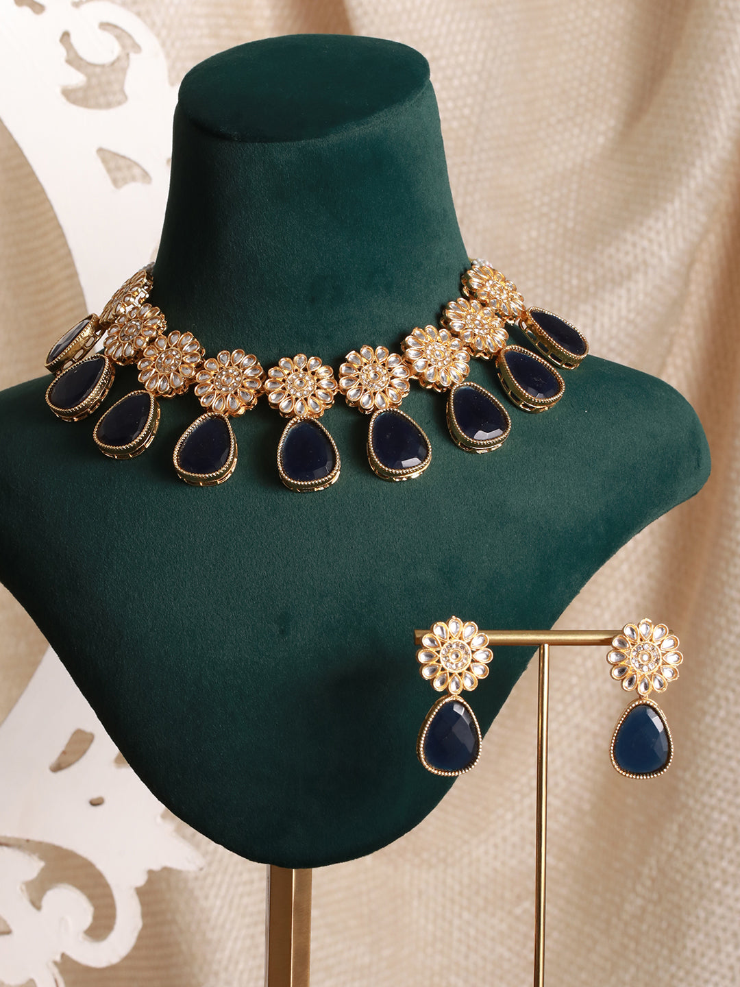 Blue Stone Floral Teardrops Gold-Plated Jewellery Set