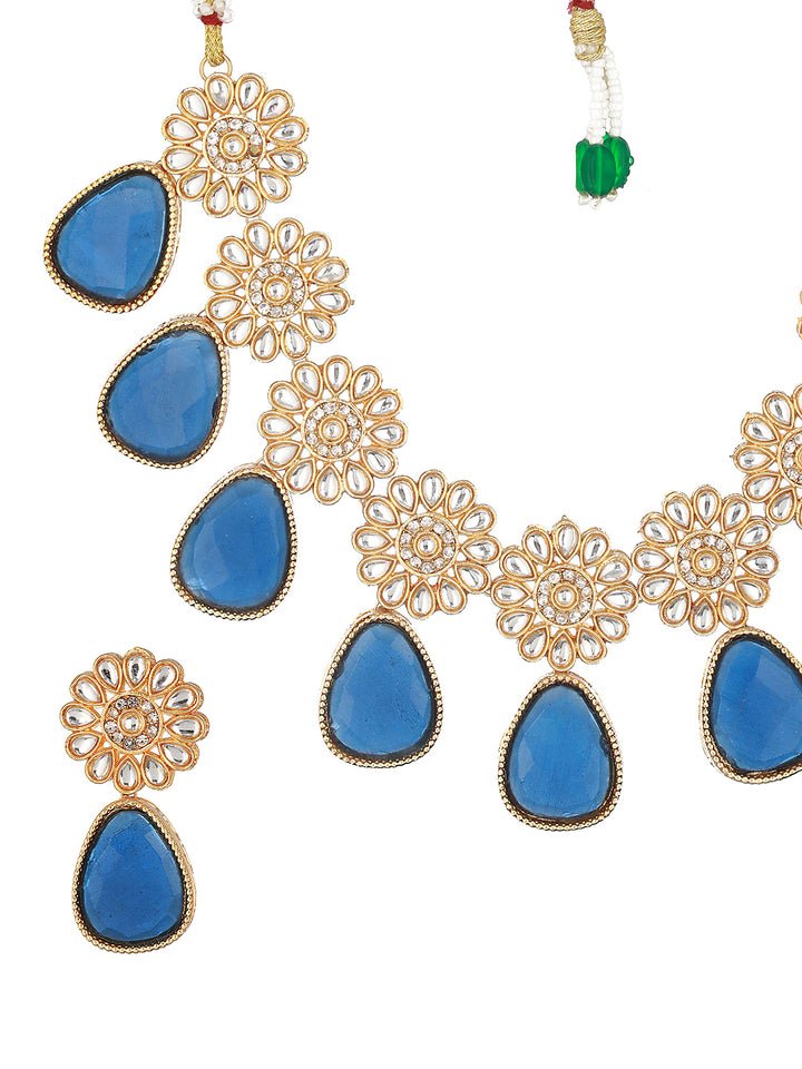 Blue Stone Floral Teardrops Gold-Plated Jewellery Set